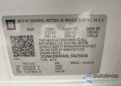 2020 Chevrolet Blazer Fwd 1Lt z USA, uszkodzony, nr VIN 3GNKBBRA9LS625656